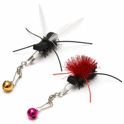 crawling-ant-cat-wand-toy-attachment-prey-inspired Crawling ant cat wand toy attachment with feather details, flexible antennae, and bell designed as cat toys that mimic prey movement.