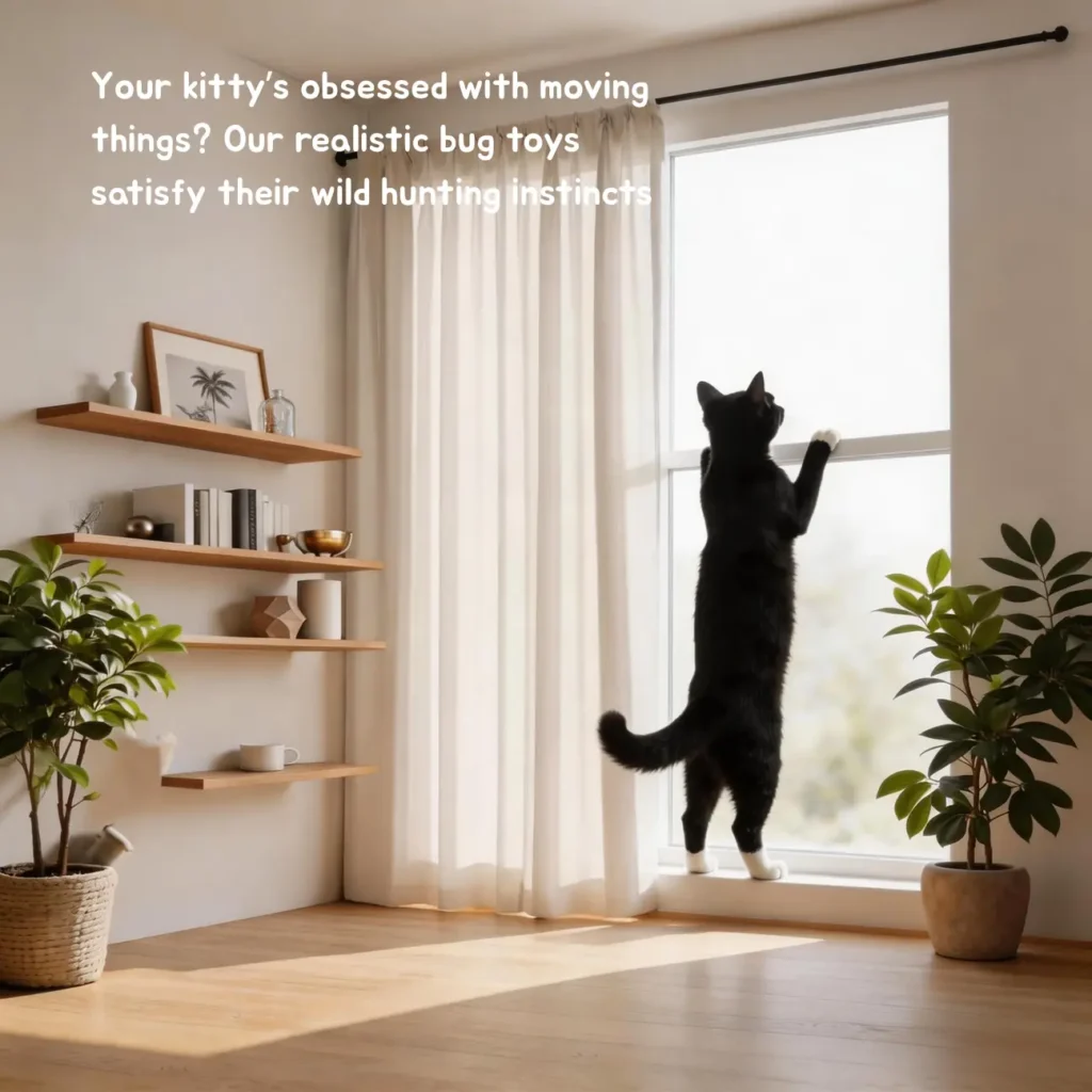 Curious indoor tuxedo cat watching bugs out the window, for realistic insect cat toys that satisfy hunting instincts