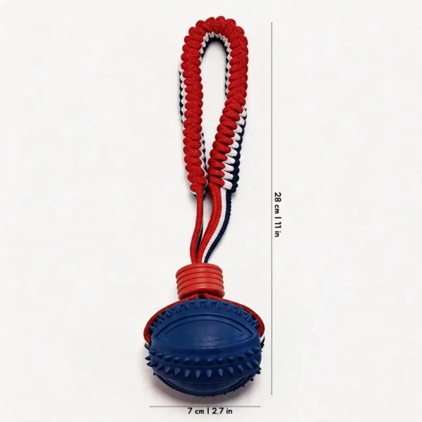 Navy Football Spiky SportLoop Textured Tug Ball Dog Toy with textured rubber football ball and woven tug loop, 7 cm by 28 cm