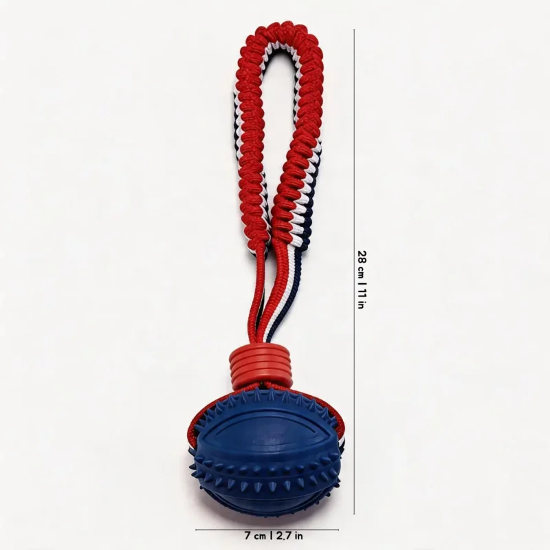 Navy Football Spiky SportLoop Textured Tug Ball Dog Toy Size Navy Football Spiky SportLoop Textured Tug Ball Dog Toy with textured rubber football ball and woven tug loop, 7 cm by 28 cm