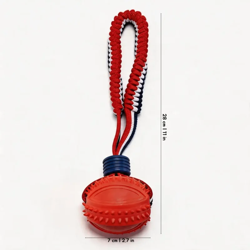Red Football Spiky SportLoop Textured Tug Ball Dog Toy Size Red Football Spiky SportLoop Textured Tug Ball Dog Toy with spiky rubber football ball and bungee rope handle, 7 cm by 28 cm
