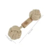 Dumbbell shaped coffee wood rope dog toy with large rope knots and wooden center, designed for tugging, chewing, and carrying.