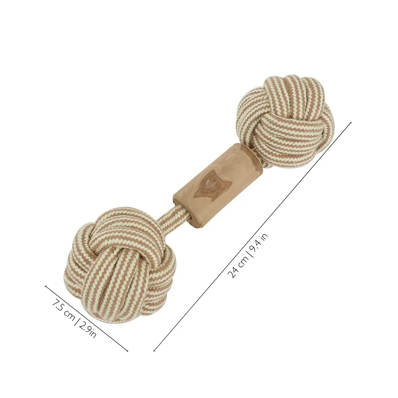 Dumbbell shaped coffee wood rope dog toy with large rope knots and wooden center, designed for tugging, chewing, and carrying.