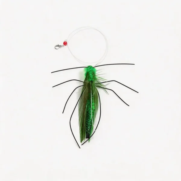 Emerald Grasshopper Cat Wand Replacement with green feathers, clear loop, and clip for teaser wand play