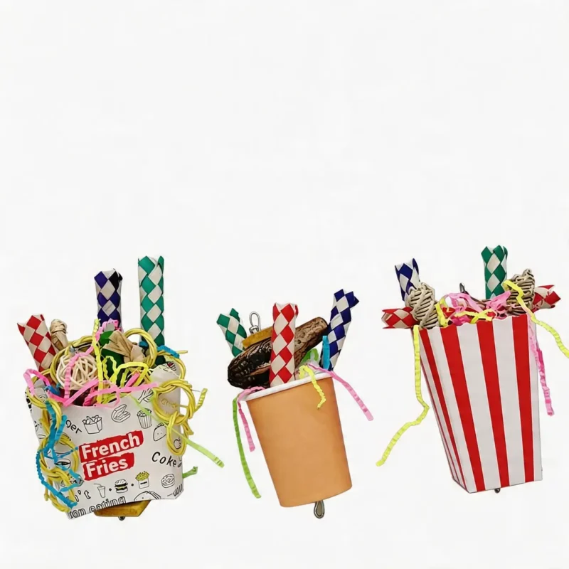 Snack Cup Shredding Bird Toy 3 Styles Snack Cup Shredding Bird Toy in French Fry Cup, Kraft Snack Cup, and Popcorn Bucket styles for small to medium parrots