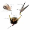 flying-bug-cat-wand-replacements-feather-fur-materials Three flying bug cat wand replacements showing guinea fowl and chicken feather wings, soft deer hair and fur bodies, bells and metal clips.