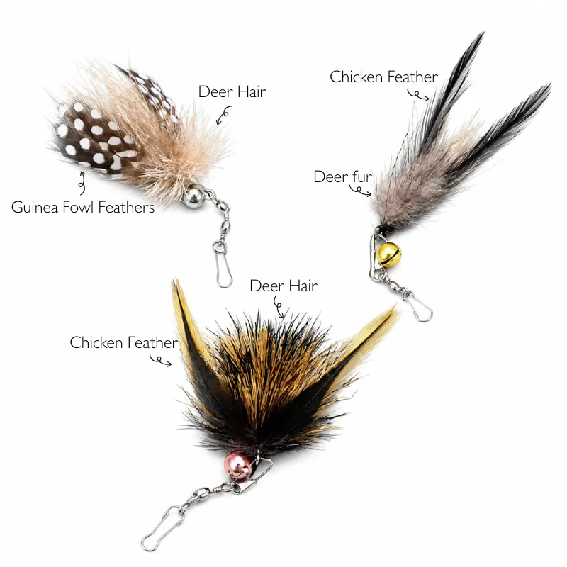 flying-bug-cat-wand-replacements-feather-fur-materials Three flying bug cat wand replacements showing guinea fowl and chicken feather wings, soft deer hair and fur bodies, bells and metal clips.