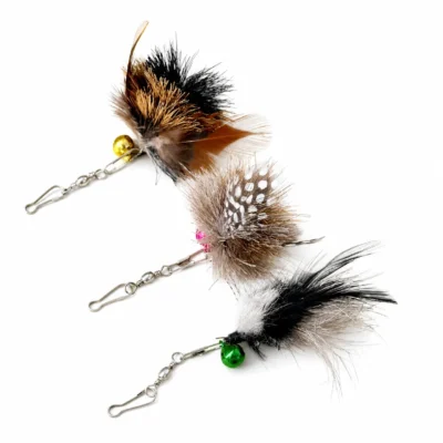 flying-bug-cat-wand-toys-three-insect-replacements Drone Bee, Little Moth and Biting Mosquito flying bug cat wand replacements with natural feather wings, soft fur bodies, bells and metal clips.