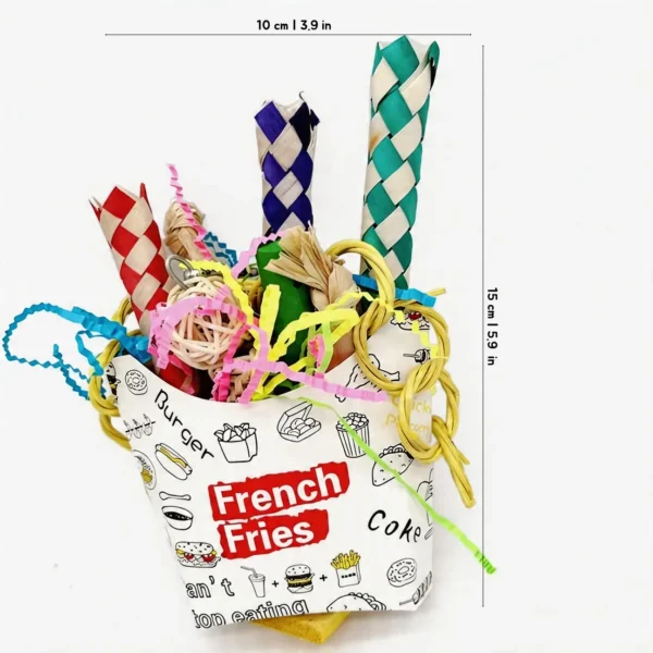 French Fry Cup Snack Cup Shredding Bird Toy with chewable paper, wood pieces, and foraging textures, size 10 cm by 15 cm