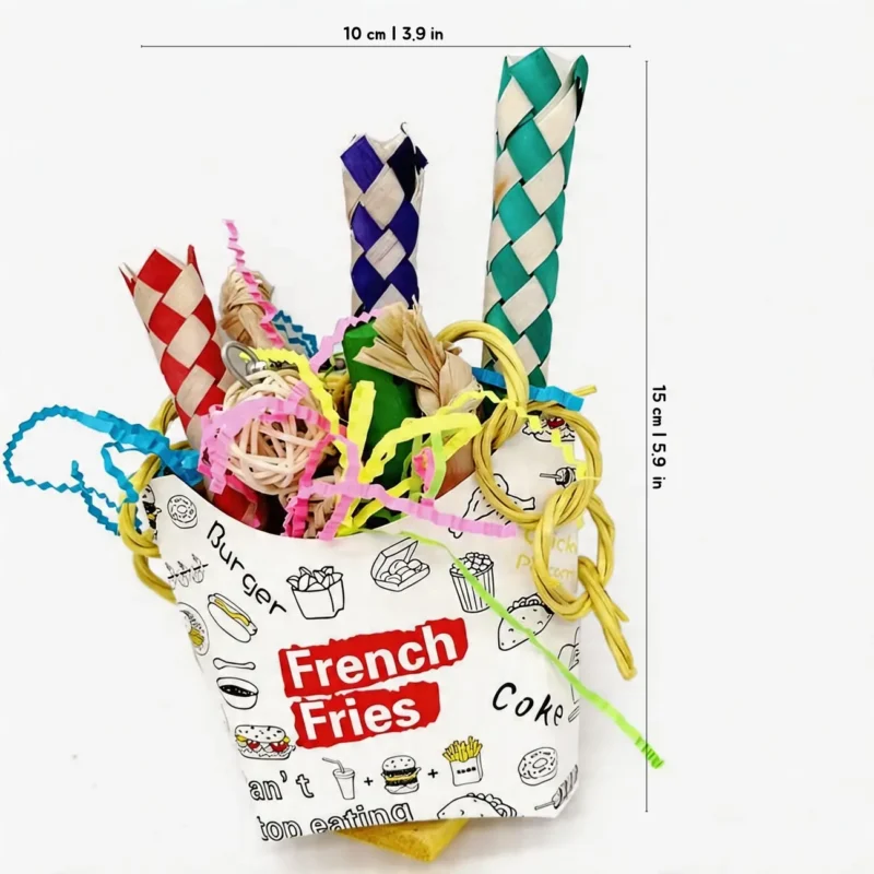 French Fry Cup Snack Cup Shredding Bird Toy Size French Fry Cup Snack Cup Shredding Bird Toy with chewable paper, wood pieces, and foraging textures, size 10 cm by 15 cm
