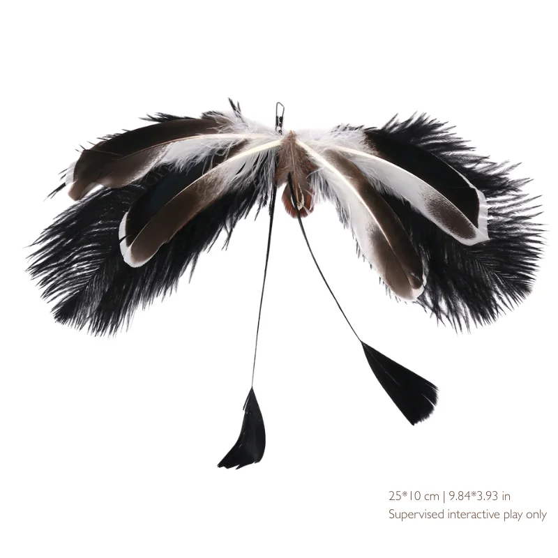 giant-moth-cat-wand-toy-twin-feather-tail Giant moth cat wand toy with wide black, brown and white feather wings and two long trailing feather tails for supervised interactive play.