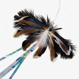 Giant moth feather cat teaser wand replacement with natural brown, black, white, and blue feathers plus shiny ribbons