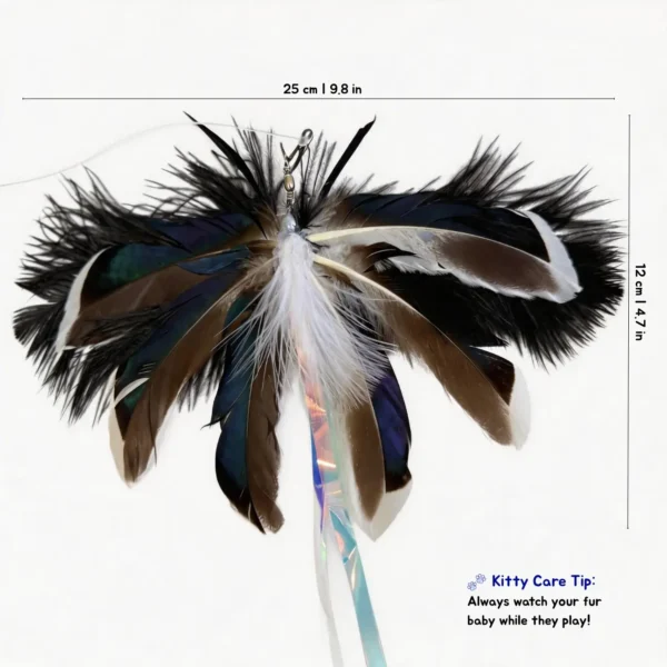 Size chart for giant moth feather cat teaser wand replacement measuring 25 cm by 12 cm with natural feathers
