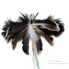 giant-moth-interactive-cat-teaser-ribbon-tail Giant moth interactive cat teaser with layered natural feather wings, black fluffy edges and long shimmering hologram ribbon tail for cat wand play.
