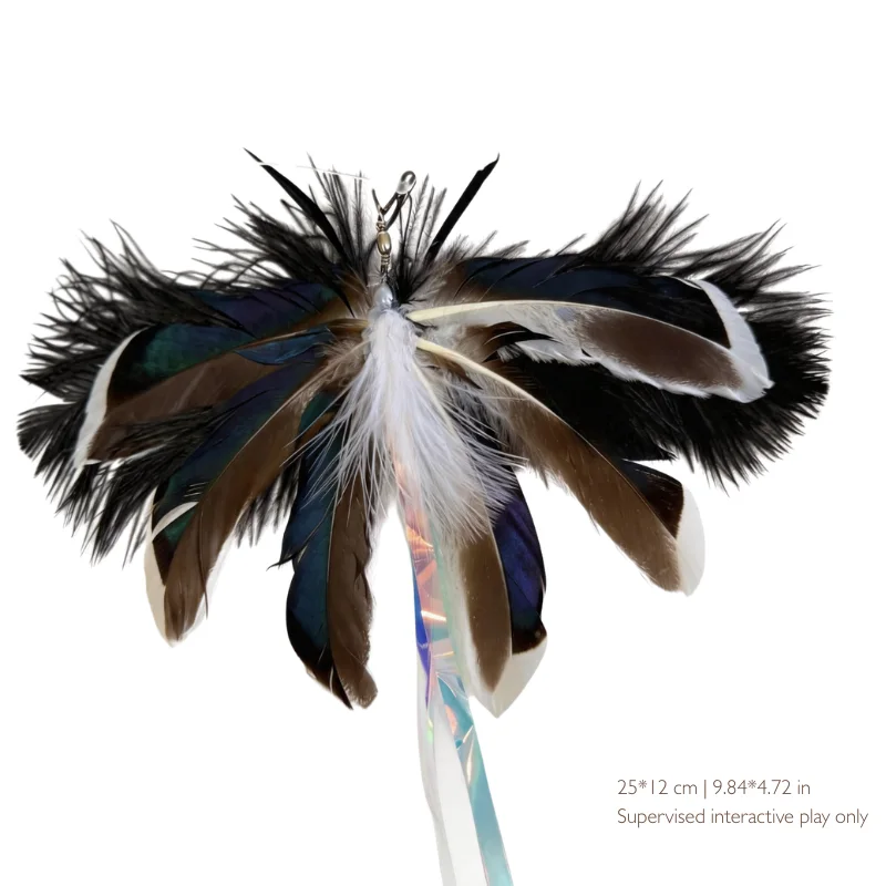 giant-moth-interactive-cat-teaser-ribbon-tail Giant moth interactive cat teaser with layered natural feather wings, black fluffy edges and long shimmering hologram ribbon tail for cat wand play.