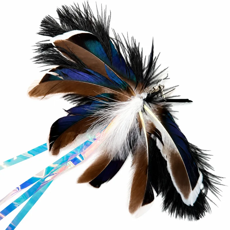 Giant moth interactive wand toy for cats with broad layered feather wings, fluffy black edges, a soft feather body, and iridescent trailing strips.
