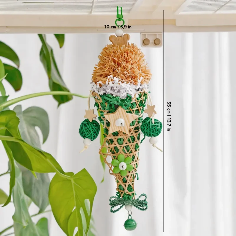 Green Sundae Shred Cone Foraging and Chew Toy with rattan cone, paper shred, vine balls, wood stars, and 35 cm hanging size