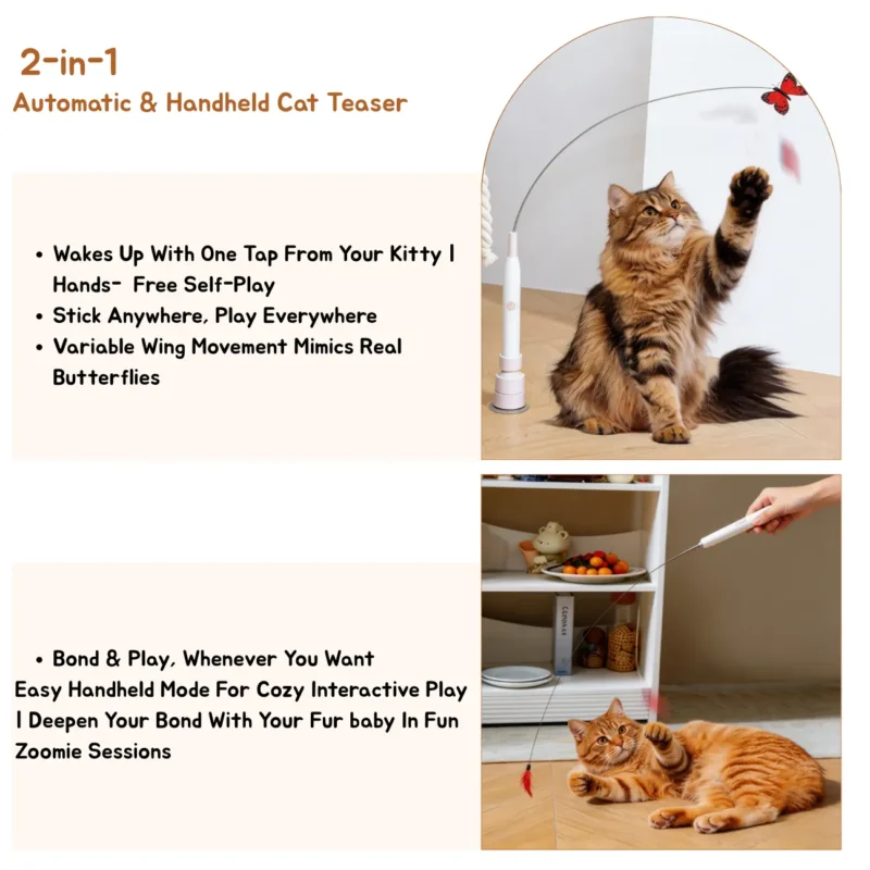 Automatic Butterfly Cat Wand Hands-Free Suction Cup Interactive Cat Toy showing self-play and handheld play modes for cats.