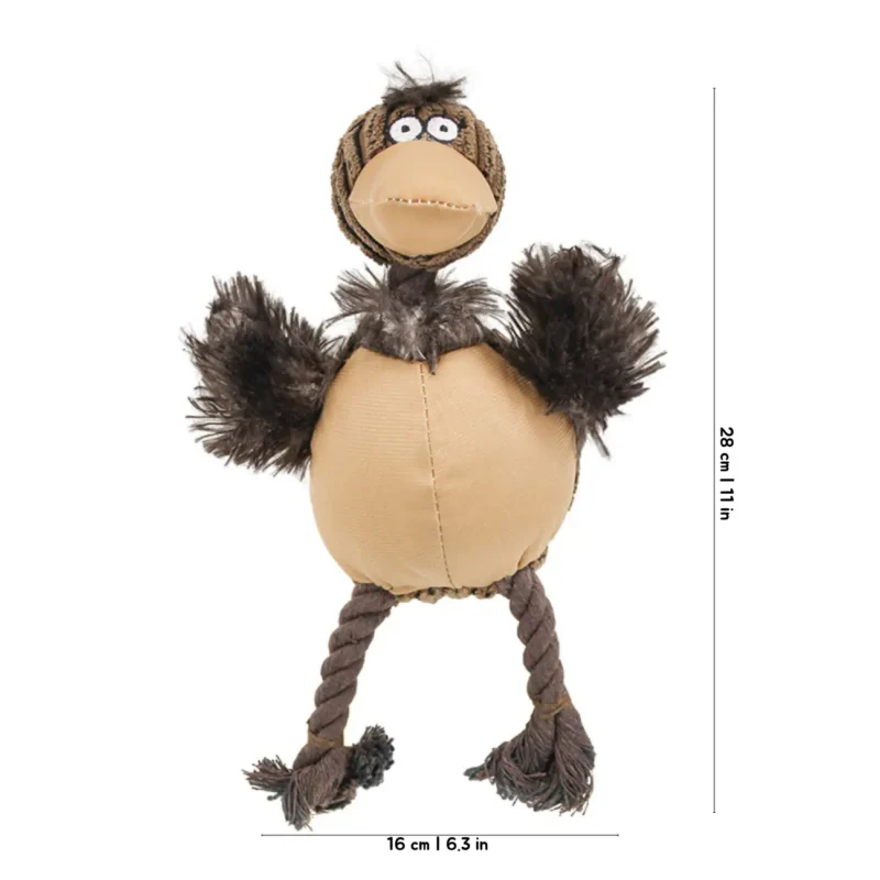 Honey Wobbly Ostrich Squeaky Dog Toy with a tan plush belly, soft fuzzy arms, rope legs, and a 28 cm / 11 in size guide.