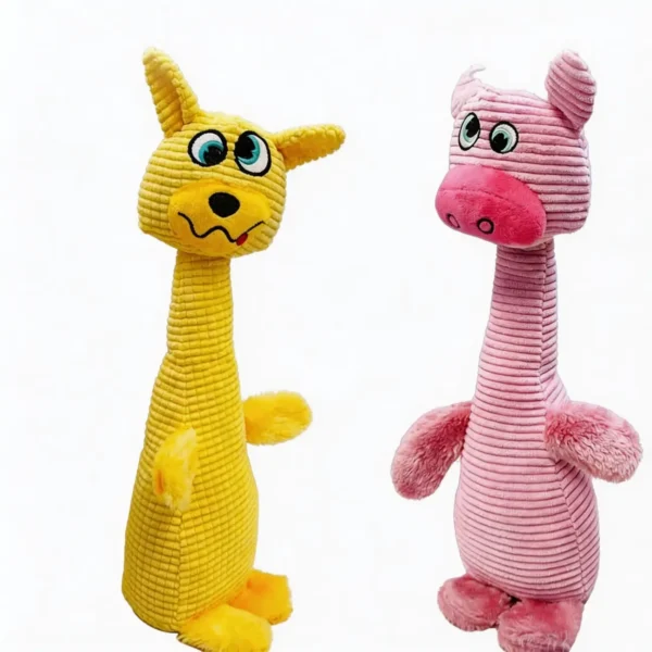 Yellow Pup and Pink Pig Huggy LongNeck Tug & Squeak Dog Toy with long neck plush design