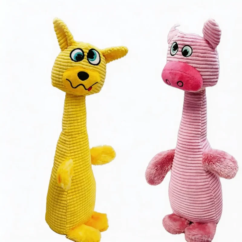 Yellow Pup and Pink Pig Huggy LongNeck Tug & Squeak Dog Toy with long neck plush design