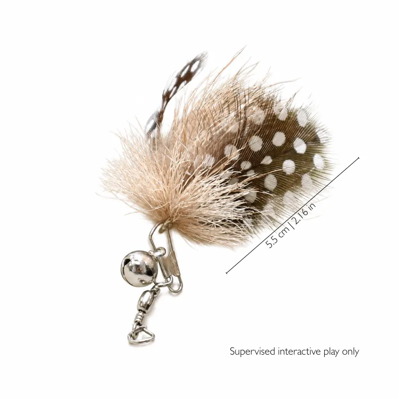 little-moth-guinea-fowl-feather-cat-wand-replacement-5-5cm Little Moth cat wand replacement with white-spotted guinea fowl feather wings, soft deer hair body, silver bell and 5.5 cm length.