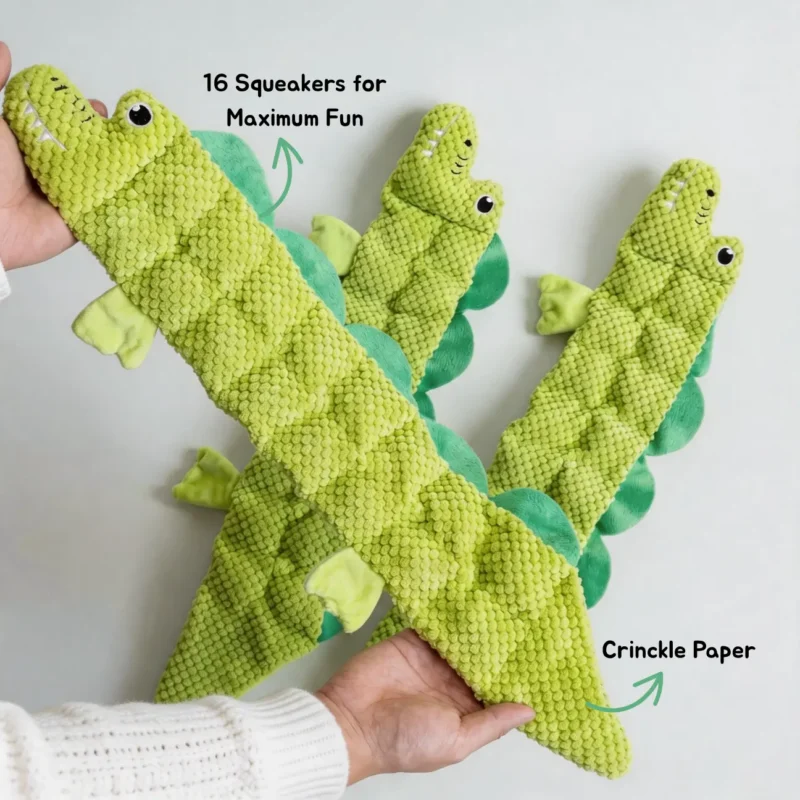 Long Chomp Gator 16 Squeakers Plush Dog Toy Detail Long Chomp Gator 16 Squeakers plush dog toy with textured fabric and crinkle paper for tug and shake play