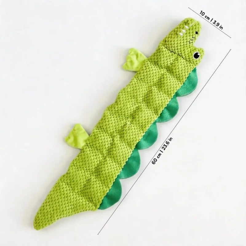 Long Chomp Gator 16 Squeakers Plush Dog Toy Size Long Chomp Gator 16 Squeakers textured alligator plush dog toy, 60 cm long for tugging, dragging, and shaking