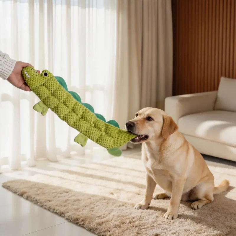 Long Chomp Gator 16 Squeakers Labrador Tug Play Labrador playing tug with Long Chomp Gator 16 Squeakers plush alligator dog toy in a cozy living room