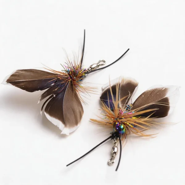 Close-up of MoonMoth Natural Feather Cat Wand Replacement showing natural feathers, shimmer body, and flexible antennae