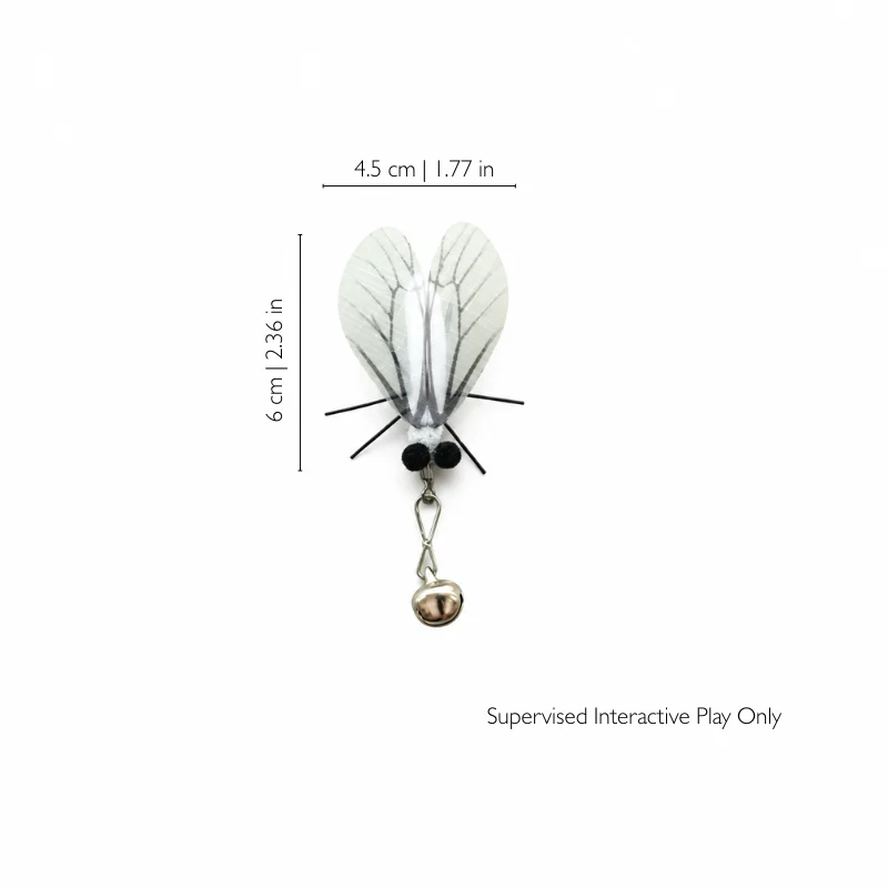 Moonveil moth cat prey toy with translucent wings showing size details and a lightweight insect silhouette for interactive cat play.
