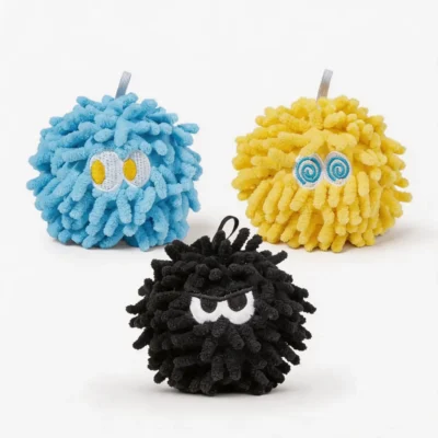 Fuzzy Mood Monsters Squeaky Dog Toy Chenille Moppuff Set Fuzzy Mood Monsters Squeaky Dog Toy set in Starry Blue, Rocky Yellow, and Coal Mist chenille MopPuff styles.