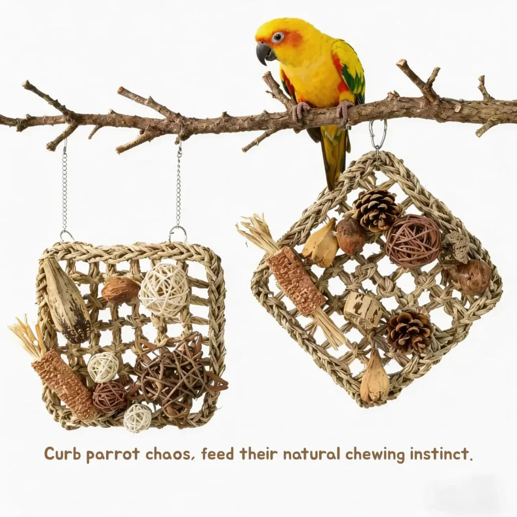 Sun conure parrot on branch with natural woven chew foraging toys