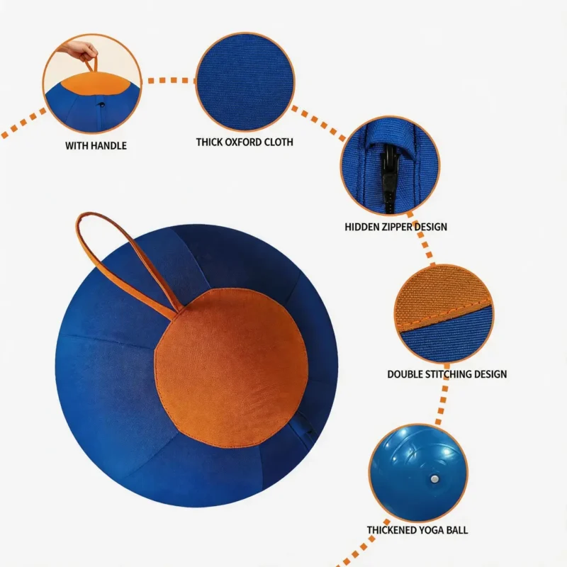 Ocean Flame HugTug Giant Outdoor Air Ball Dog Toy set Detail Features Ocean Flame HugTug Giant Outdoor Air Ball Dog Toy showing handle, thick Oxford cloth, hidden zipper and double stitching.