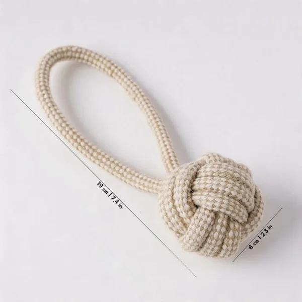 Handle Knot Ball organic cotton rope dog toy with hand loop for tug, teething and fetch, 19 cm long