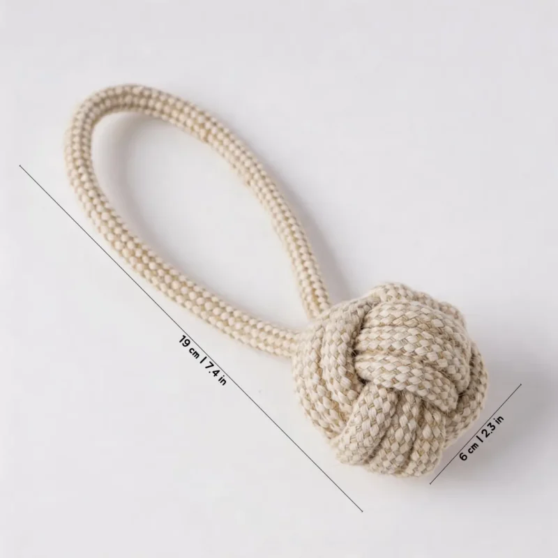Handle Knot Ball organic cotton rope dog toy with hand loop for tug, teething and fetch, 19 cm long