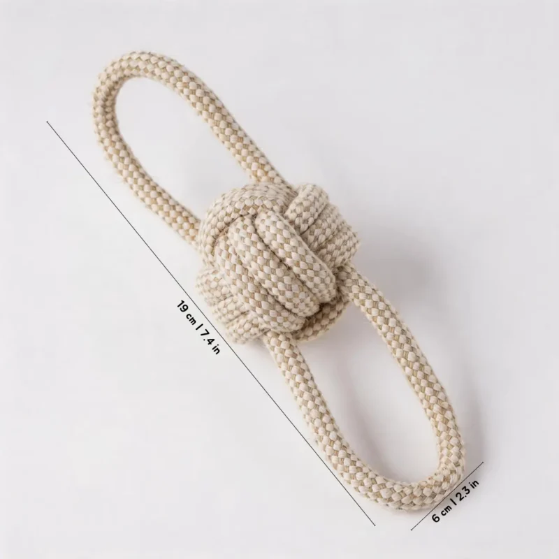 Loop Tug Ball organic cotton rope dog toy with dual loop handles for tug play and puppy teething, 19 cm long