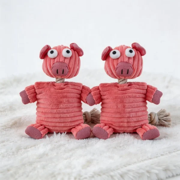 Piggy Puff No-Stuffing Squeaky Dog Toy in pink plush pig design for indoor dog play