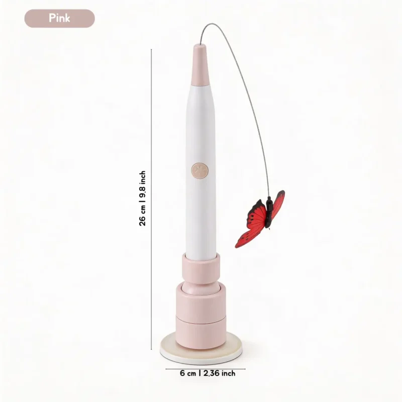 Pink Automatic Butterfly Cat Wand Hands-Free Suction Cup Interactive Cat Toy with product height and base size measurements.