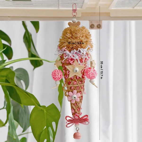 Pink Sundae Shred Cone Foraging and Chew Toy size image for small to medium parrots, designed for shredding, chewing, and cage enrichment