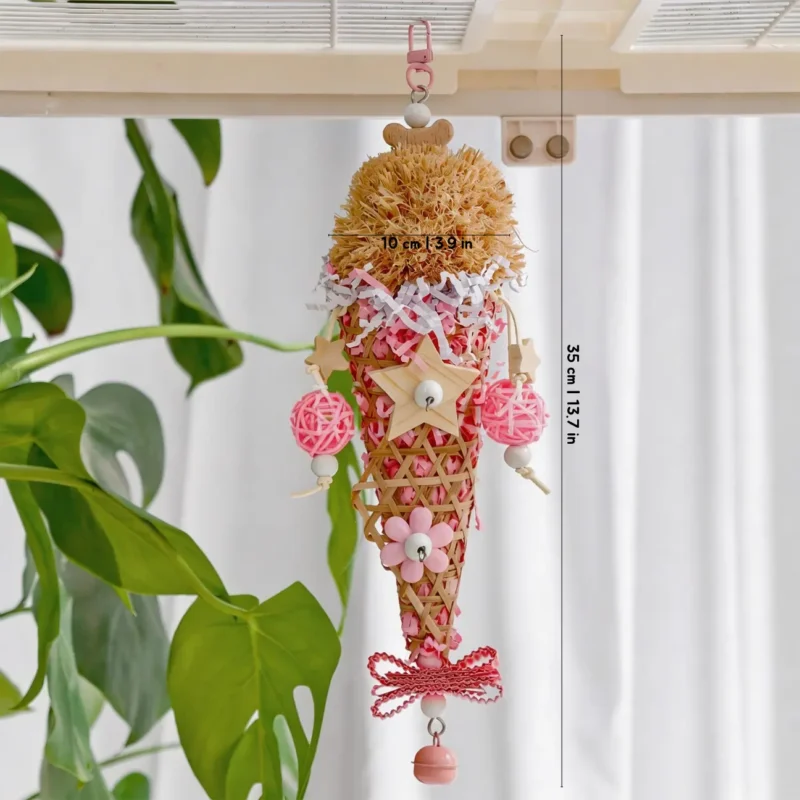 Pink Sundae Shred Cone Foraging and Chew Toy size image for small to medium parrots, designed for shredding, chewing, and cage enrichment