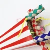 Close-up of Popcorn Bucket Snack Cup Shredding Bird Toy with woven palm leaf tubes, rattan balls, and crinkle paper