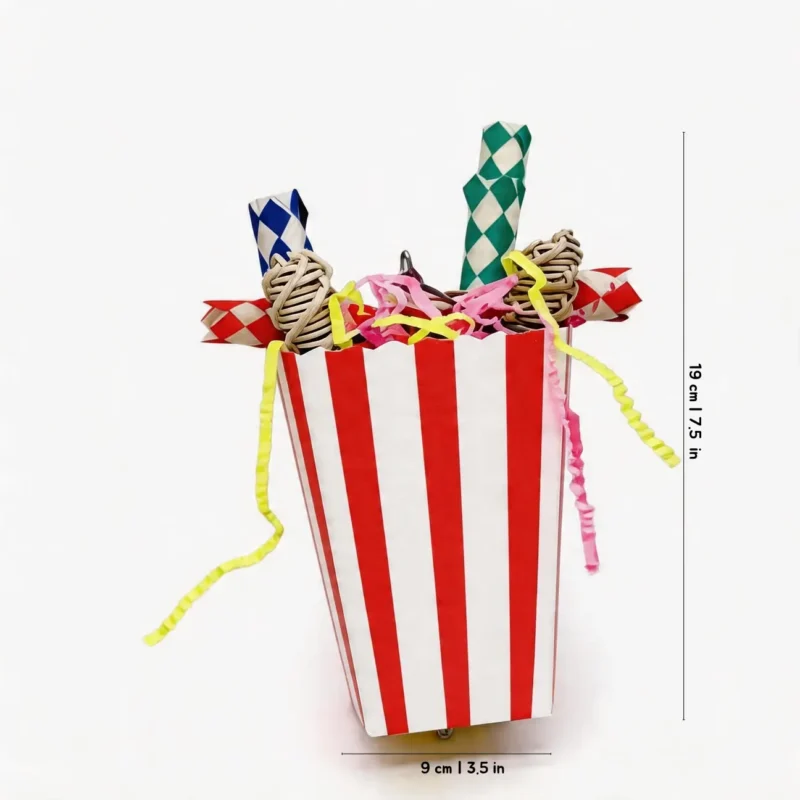 Popcorn Bucket Snack Cup Shredding Bird Toy Size Popcorn Bucket Snack Cup Shredding Bird Toy with colorful paper strips and rattan balls, size 9 cm by 19 cm