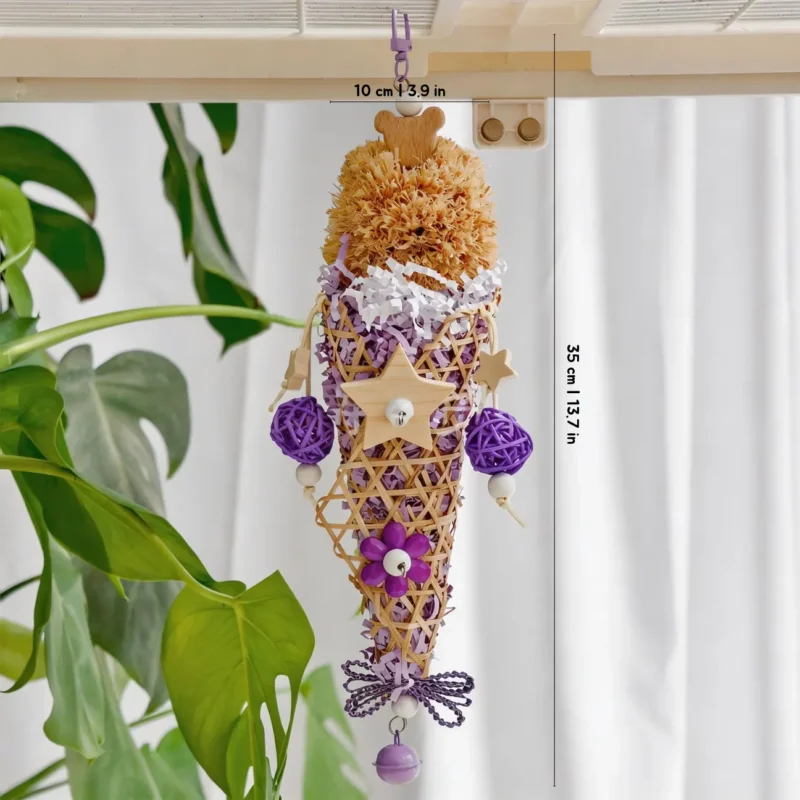 Purple Sundae Shred Cone Foraging and Chew Toy for small parrots with chewable paper shred, rattan cone, hanging beads, and bell