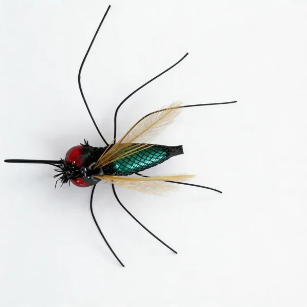 Realistic Fly Teaser Refill for Indoor Cat Enrichment with feather wings, green body and wand clip on white background