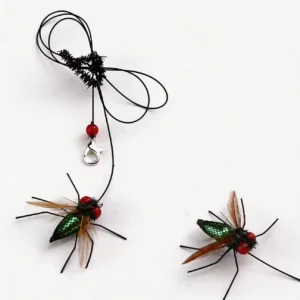 Realistic Fly Teaser Refill for Indoor Cat Enrichment with feather wings, green body and wand clip on white background