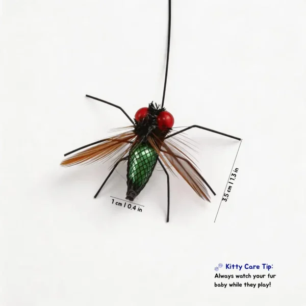 Realistic Fly Teaser Refill for Indoor Cat Enrichment shown with 3.5 cm size guide and supervised play tip