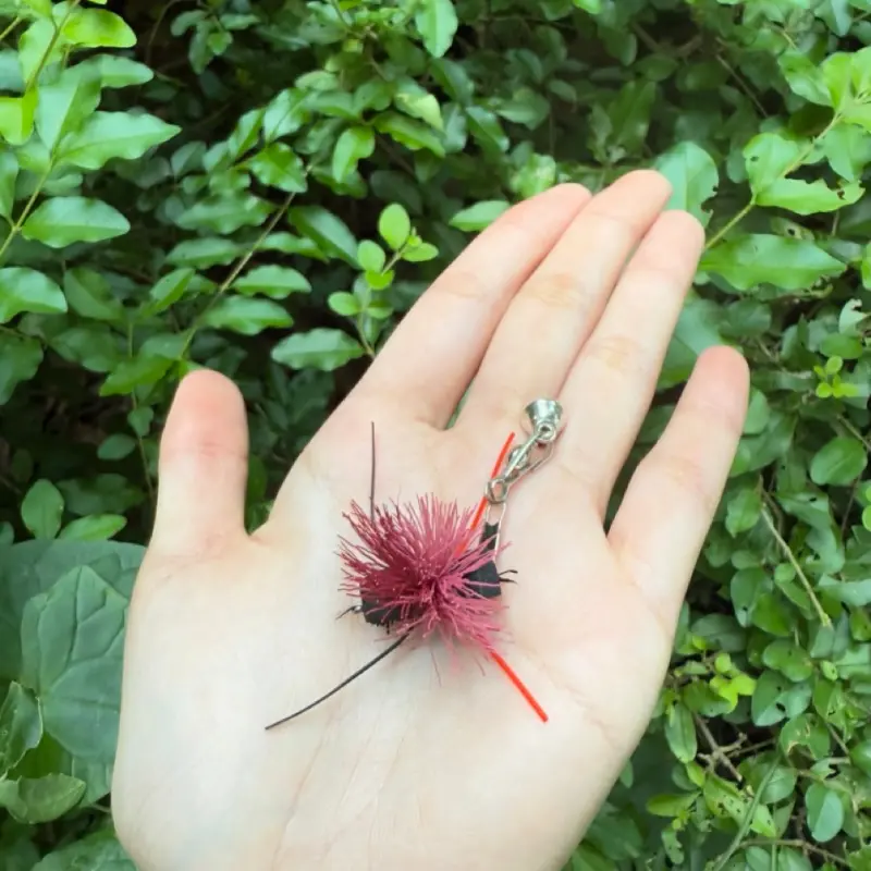 red-feather-crawling-ant-cat-toy-wand-outdoor Red feather crawling ant cat toy wand attachment displayed outdoors, showing its lightweight insect shape for engaging cat play.