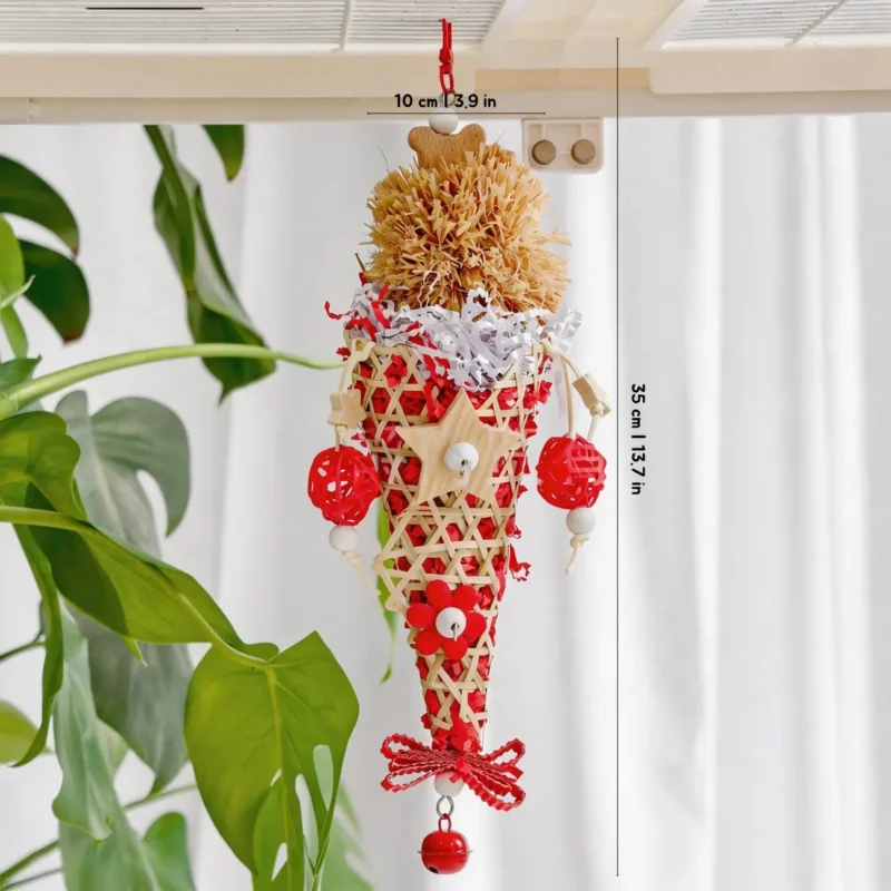 Red Sundae Shred Cone Foraging and Chew Toy for small to medium parrots, featuring paper shred, rattan cone, chew balls, wood stars, and bell