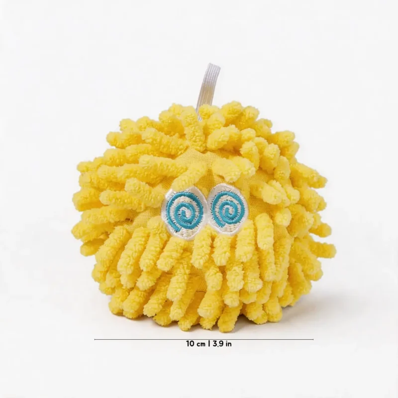 Rocky Yellow MopPuff Fuzzy Mood Monsters Squeaky Dog Toy with soft chenille texture and 10 cm size.